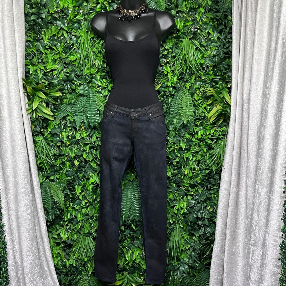 GUESS Jeans Size 27 Skinny Ultra Low Floral Faux Leather Trim Dark‎ Indigo  3606